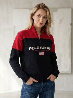 NEVER WORN Ralph Lauren Polo Sport Red Black Half-Zip THICK Sweater UNISEX Sz L